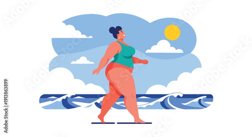 Modern flat vector illustration of plus size woman walking confidently on beach wearing summer outfit, promoting body positivity, self acceptance, freedom, and inclusive beauty lifestyle