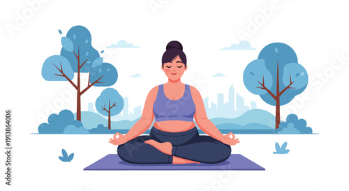 Modern flat vector illustration of plus size woman practicing yoga in park, promoting healthy lifestyle, body positivity, self acceptance, mindfulness, and inclusive fitness culture
