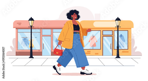 Flat vector illustration of stylish plus size woman walking confidently on urban street wearing trendy outfit, celebrating body positivity, fashion inclusivity, and self confidence lifestyle