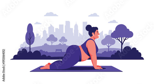 Modern flat vector illustration of plus size woman practicing yoga in park, promoting healthy lifestyle, body positivity, self acceptance, mindfulness, and inclusive fitness culture