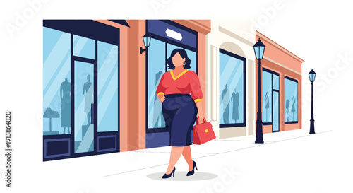 Flat vector illustration of stylish plus size woman walking confidently on urban street wearing trendy outfit, celebrating body positivity, fashion inclusivity, and self confidence lifestyle