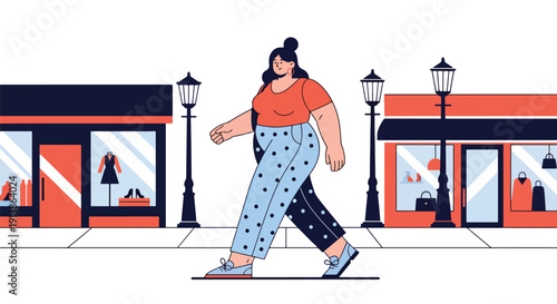 Flat vector illustration of stylish plus size woman walking confidently on urban street wearing trendy outfit, celebrating body positivity, fashion inclusivity, and self confidence lifestyle