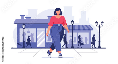 Flat vector illustration of stylish plus size woman walking confidently on urban street wearing trendy outfit, celebrating body positivity, fashion inclusivity, and self confidence lifestyle