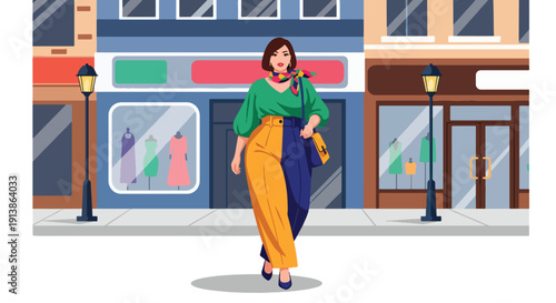 Flat vector illustration of stylish plus size woman walking confidently on urban street wearing trendy outfit, celebrating body positivity, fashion inclusivity, and self confidence lifestyle