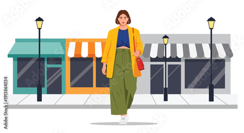 Flat vector illustration of stylish plus size woman walking confidently on urban street wearing trendy outfit, celebrating body positivity, fashion inclusivity, and self confidence lifestyle
