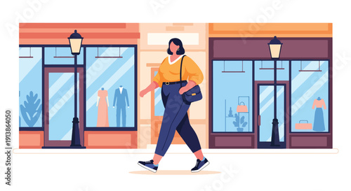 Flat vector illustration of stylish plus size woman walking confidently on urban street wearing trendy outfit, celebrating body positivity, fashion inclusivity, and self confidence lifestyle