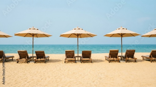 Beach with sun loungers and umbrellas, relaxing vacation scene, tropical getaway, sunny day, holiday relaxation.