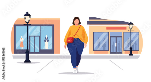 Flat vector illustration of stylish plus size woman walking confidently on urban street wearing trendy outfit, celebrating body positivity, fashion inclusivity, and self confidence lifestyle