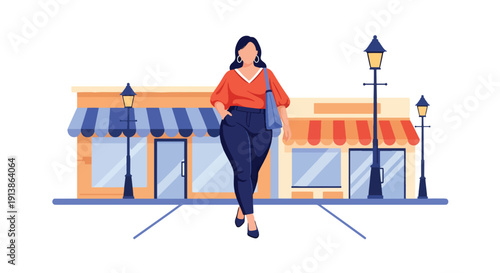 Flat vector illustration of stylish plus size woman walking confidently on urban street wearing trendy outfit, celebrating body positivity, fashion inclusivity, and self confidence lifestyle