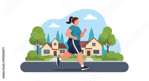 Flat vector illustration of plus size woman running outdoors confidently in neighborhood street, promoting healthy lifestyle, body acceptance, and everyday confidence