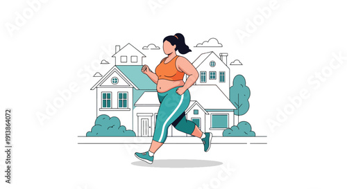 Flat vector illustration of plus size woman running outdoors confidently in neighborhood street, promoting healthy lifestyle, body acceptance, and everyday confidence