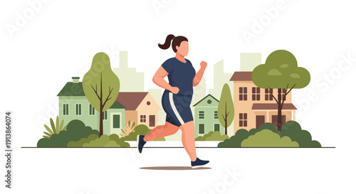 Flat vector illustration of plus size woman running outdoors confidently in neighborhood street, promoting healthy lifestyle, body acceptance, and everyday confidence