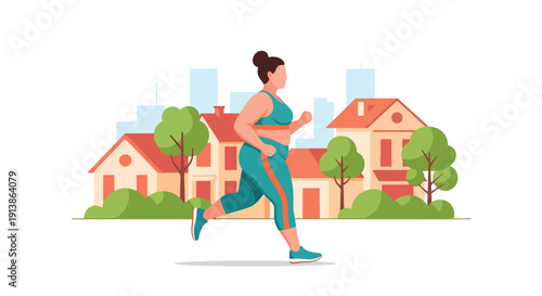 Flat vector illustration of plus size woman running outdoors confidently in neighborhood street, promoting healthy lifestyle, body acceptance, and everyday confidence