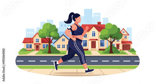 Flat vector illustration of plus size woman running outdoors confidently in neighborhood street, promoting healthy lifestyle, body acceptance, and everyday confidence