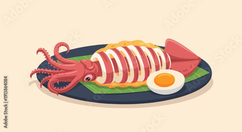 Steamed squid and egg dish on a dark plate with green leaves