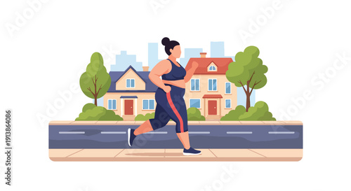Flat vector illustration of plus size woman running outdoors confidently in neighborhood street, promoting healthy lifestyle, body acceptance, and everyday confidence