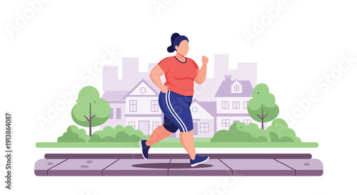 Flat vector illustration of plus size woman running outdoors confidently in neighborhood street, promoting healthy lifestyle, body acceptance, and everyday confidence