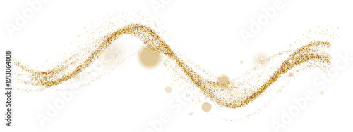 Golden glitter wave background with light dust particles, sparkles. Vector trail line swirl, star elements on black texture. Abstract curve glow effect. Magic flow for luxury decoration overlays.