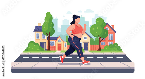 Flat vector illustration of plus size woman running outdoors confidently in neighborhood street, promoting healthy lifestyle, body acceptance, and everyday confidence
