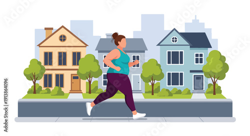 Flat vector illustration of plus size woman running outdoors confidently in neighborhood street, promoting healthy lifestyle, body acceptance, and everyday confidence
