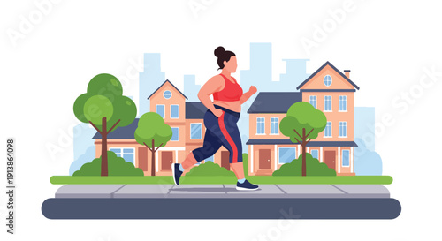 Flat vector illustration of plus size woman running outdoors confidently in neighborhood street, promoting healthy lifestyle, body acceptance, and everyday confidence