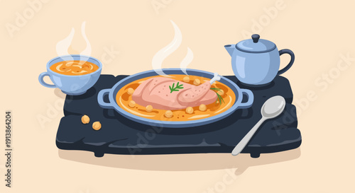 Steaming poultry dish with soup and a teapot, served on a tray