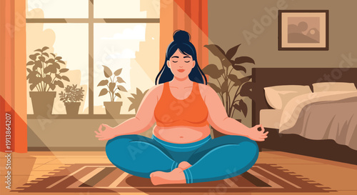 Flat vector illustration of plus size woman meditating peacefully at home, promoting mental wellness, body positivity, self acceptance, mindfulness, and healthy lifestyle balance