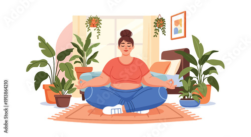 Flat vector illustration of plus size woman meditating peacefully at home, promoting mental wellness, body positivity, self acceptance, mindfulness, and healthy lifestyle balance