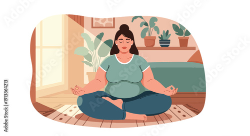 Flat vector illustration of plus size woman meditating peacefully at home, promoting mental wellness, body positivity, self acceptance, mindfulness, and healthy lifestyle balance