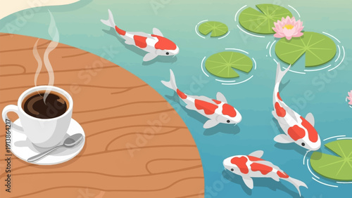 Steaming cup of coffee by a serene koi pond with lily pads