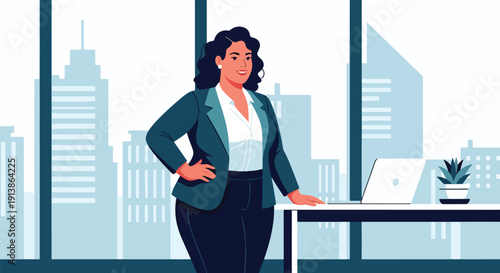 Modern flat vector illustration of plus size professional woman standing confidently in office, representing empowerment, body positivity, diversity, and inclusive workplace lifestyle