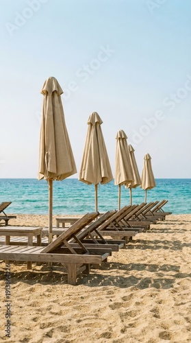 Beach scene with empty sun loungers and umbrellas, serene coastal view, vacation spot, holiday relaxation, tropical getaway.
