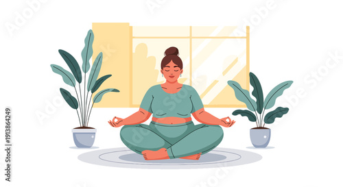 Flat vector illustration of plus size woman meditating peacefully at home, promoting mental wellness, body positivity, self acceptance, mindfulness, and healthy lifestyle balance