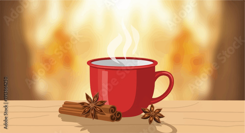 Steaming red mug with cinnamon and star anise on wood, warm glow background