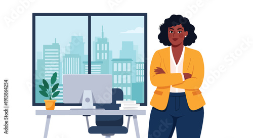 Modern flat vector illustration of plus size professional woman standing confidently in office, representing empowerment, body positivity, diversity, and inclusive workplace lifestyle