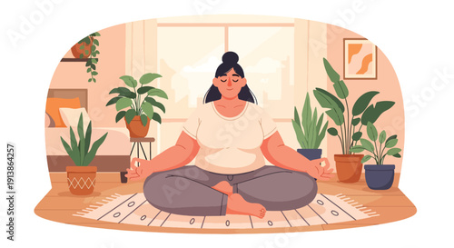 Flat vector illustration of plus size woman meditating peacefully at home, promoting mental wellness, body positivity, self acceptance, mindfulness, and healthy lifestyle balance