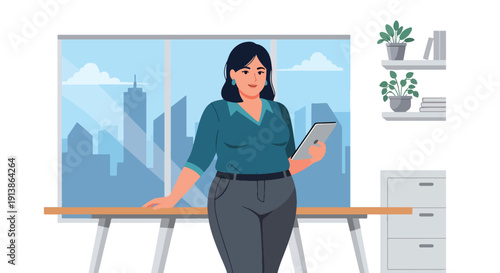 Modern flat vector illustration of plus size professional woman standing confidently in office, representing empowerment, body positivity, diversity, and inclusive workplace lifestyle