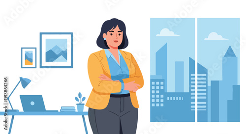 Modern flat vector illustration of plus size professional woman standing confidently in office, representing empowerment, body positivity, diversity, and inclusive workplace lifestyle