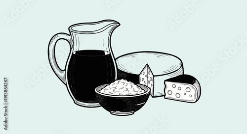 Still life with a jug of dark liquid, a bowl of grains, and cheese