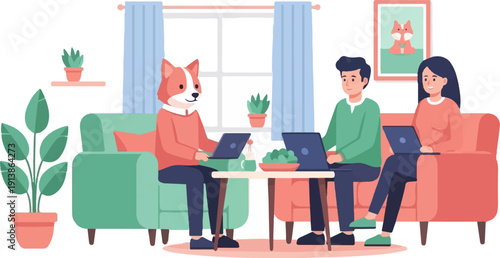 Three people, one anthropomorphic dog, working on laptops in a living room