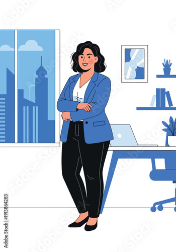 Modern flat vector illustration of plus size professional woman standing confidently in office, representing empowerment, body positivity, diversity, and inclusive workplace lifestyle