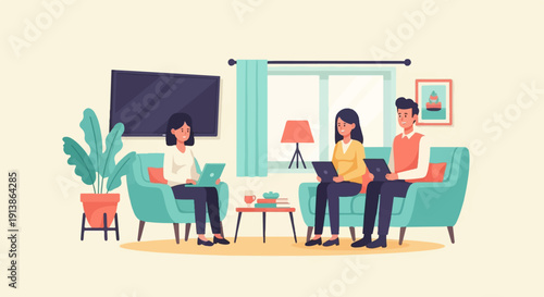 Three people on a sofa using laptops in a living room