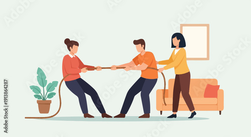 Three people playing tug of war in a room with a couch