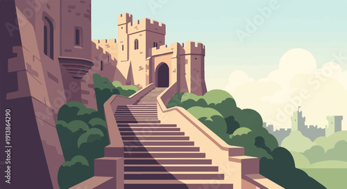 Stone steps ascend to an ancient castle entrance under a hazy sky