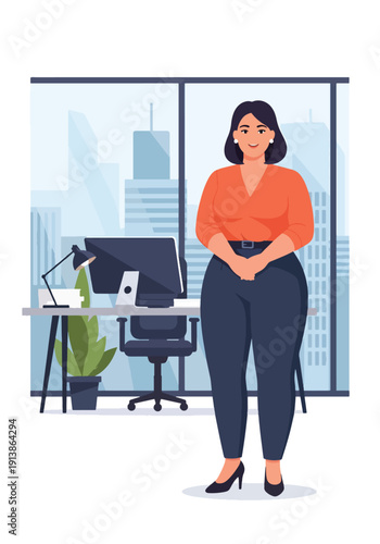 Modern flat vector illustration of plus size professional woman standing confidently in office, representing empowerment, body positivity, diversity, and inclusive workplace lifestyle