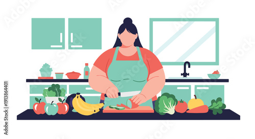 Flat vector illustration of plus size woman preparing healthy meal in kitchen, promoting balanced lifestyle, body positivity, nutrition awareness, and self care concept
