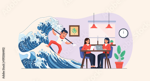 Surfer riding wave versus office workers at desks