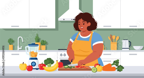 Flat vector illustration of plus size woman preparing healthy meal in kitchen, promoting balanced lifestyle, body positivity, nutrition awareness, and self care concept
