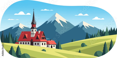 Stylized alpine village with snow-capped mountains under blue sky