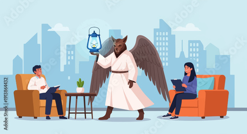 Surreal therapy session with winged wolf holding lantern in modern city setting